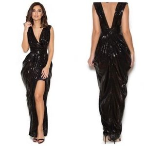 House Of CB Nerice Black Sequin Draped Deep V Midi Sequin Dress Size Large